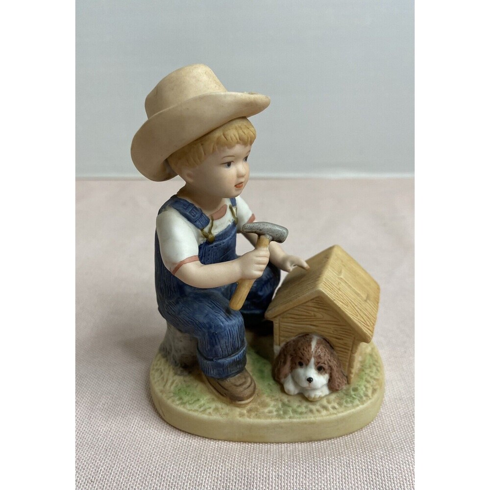 Homco Denim Days puppy love boy with puppy and doghouse 1985 figurine